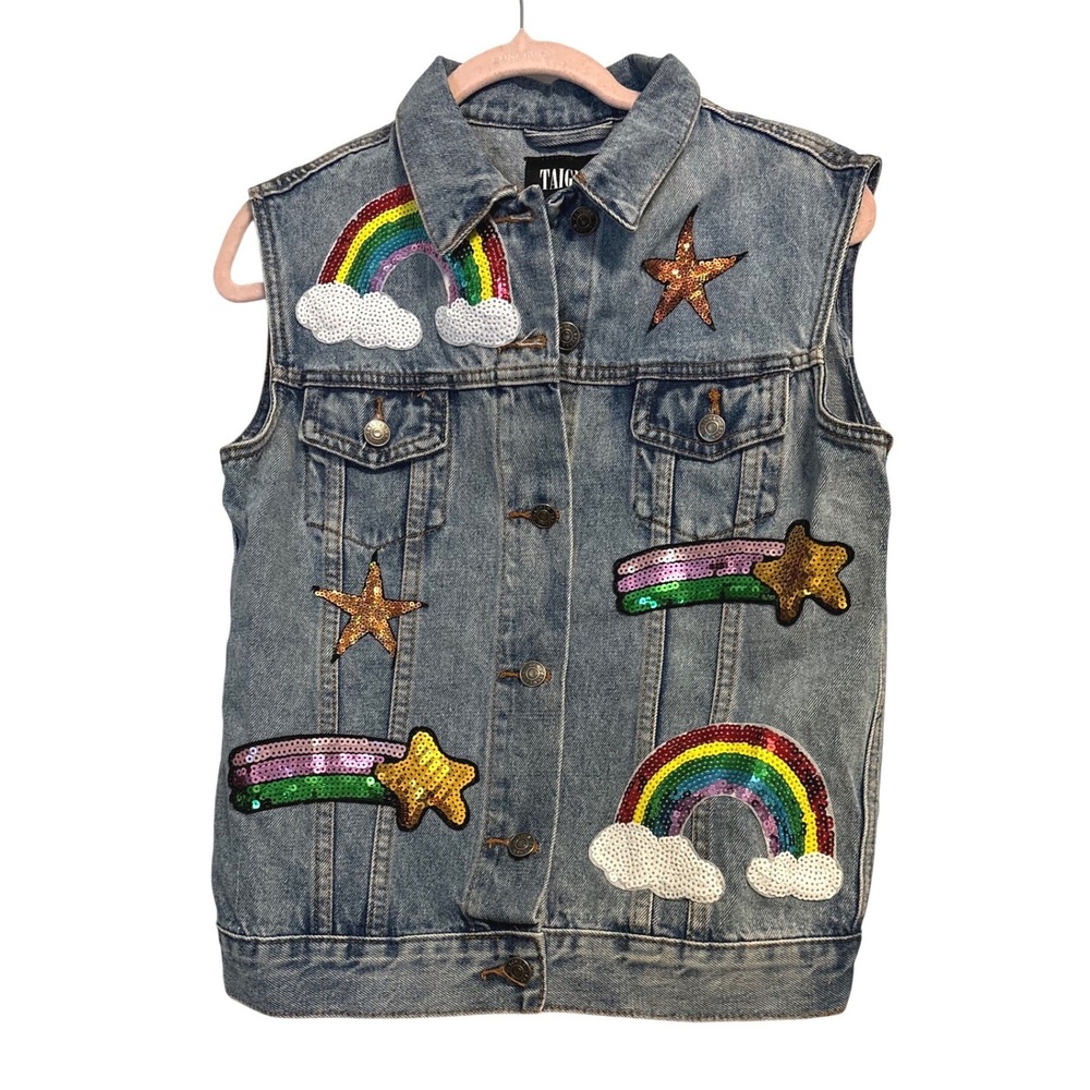 TAIGWAH‎ Denim Vest Women's XS Sequin Rainbow Star Patches